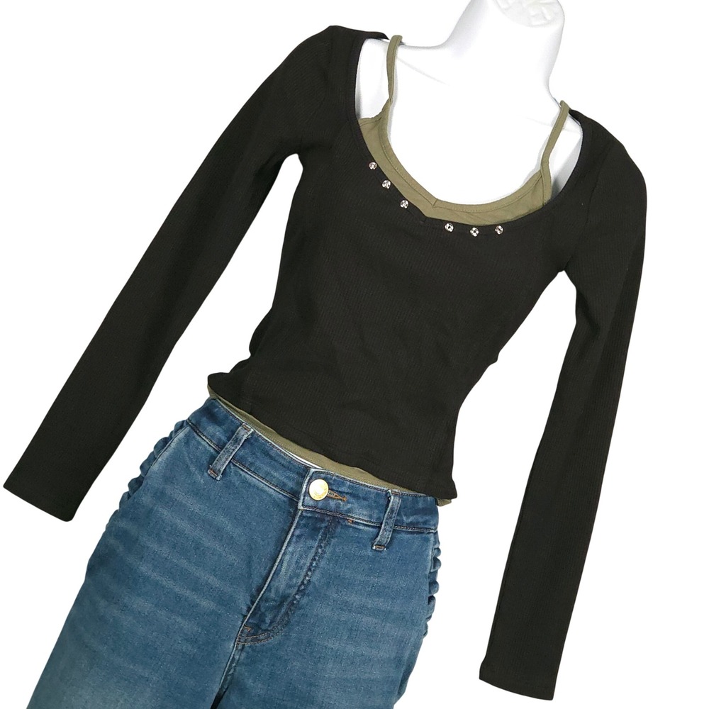 Hot Topic Layered Thermal Long Sleeve Top Small Black Green Myspace Mall Goth